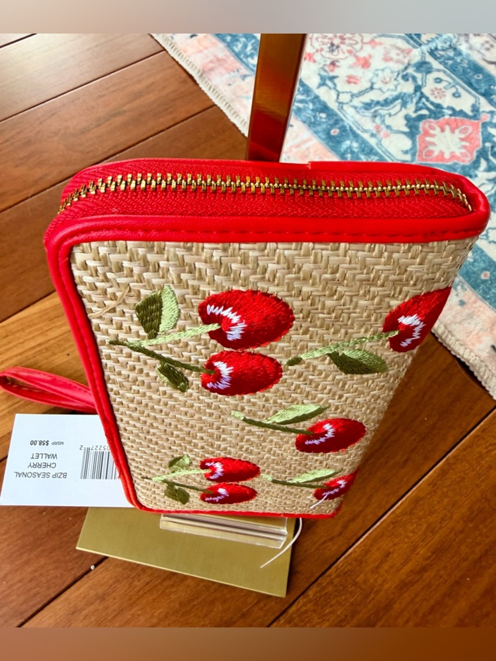 Steve Madden Straw-Textured Zip-Around Wallet Featuring Embroidered Cherries NWT - Picture 5 of 10